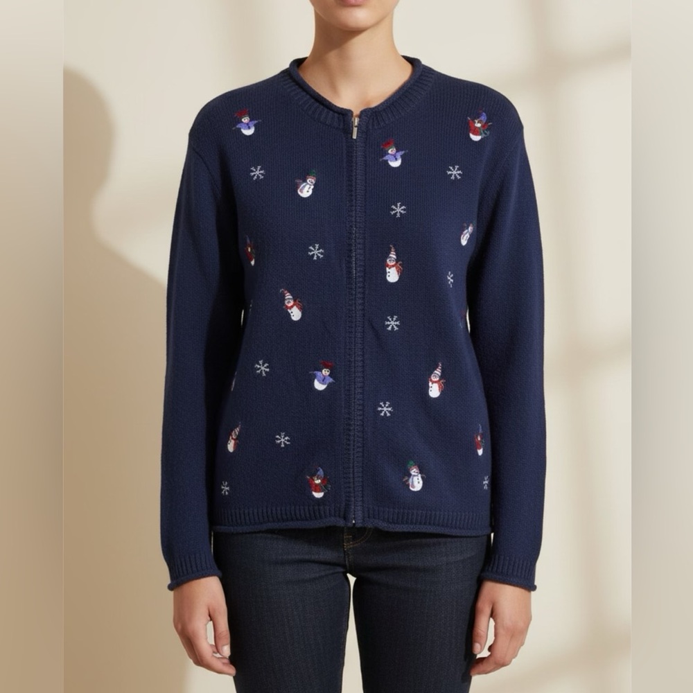 Vintage 90's Snowman Cardigan Women M‎ Navy Blue Embroidered Winter Holiday Y2K